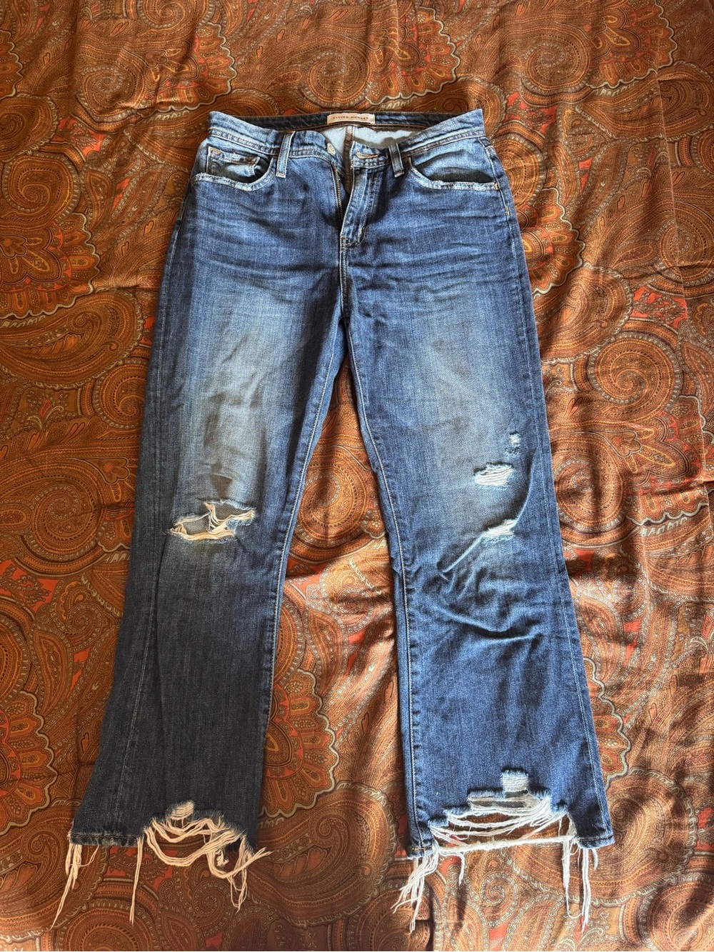 Flying Monkey Distressed Blue Flare Capris with Frayed Hem